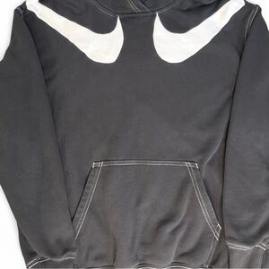 Nike Washed Black Double Swoosh Fleece Hoodie XS Oversized Logo Streetwear